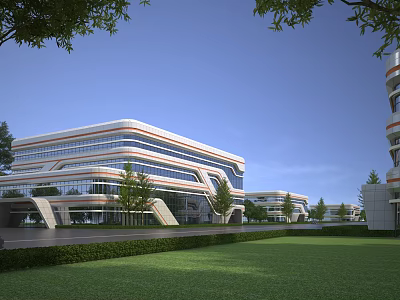 Modern Industrial Factory Building With Glass Curtain Wall And Green Landscaping 3d model