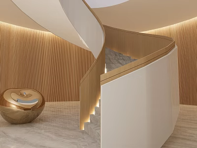 Elegant Modern Spiral Staircase With Wooden Walls Warm Lighting Marble Flooring And Golden Ornament 3d model
