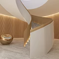 Elegant Modern Spiral Staircase With Wooden Walls Warm Lighting Marble Flooring And Golden Ornament
