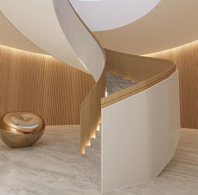 Elegant Modern Spiral Staircase With Wooden Walls Warm Lighting Marble Flooring And Golden Ornament 3d model