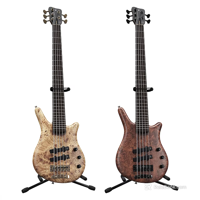 Two Stylish Electric Bass Guitars With Light Dark Wood Grain Curved Body Design And Strings 3d model 