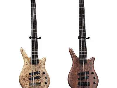 Two Stylish Electric Bass Guitars With Light Dark Wood Grain Curved Body Design And Strings 3d model