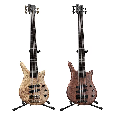 Two Stylish Electric Bass Guitars With Light Dark Wood Grain Curved Body Design And Strings 3d model