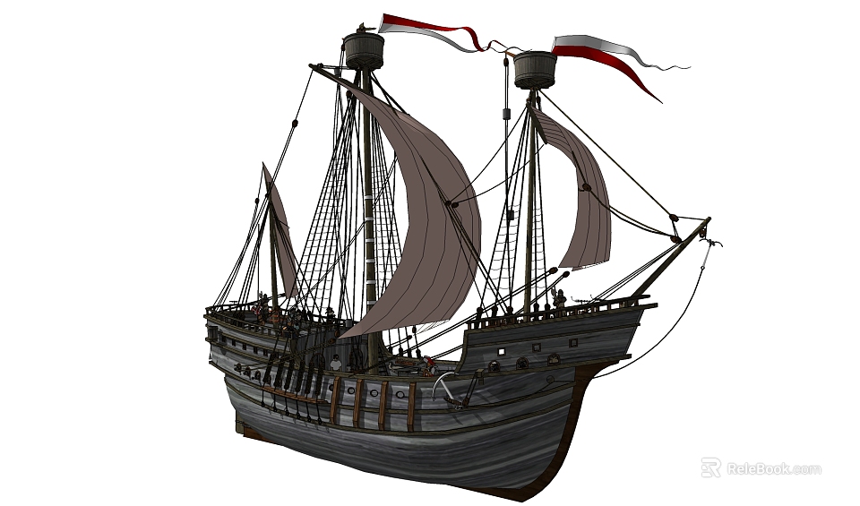 Vintage Sailing Ship With Two Masts Gray Sails And Red White Flags 3d model 