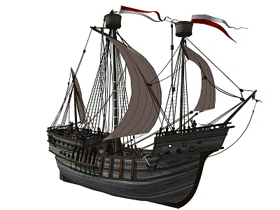 Vintage Sailing Ship With Two Masts Gray Sails And Red White Flags 3d model