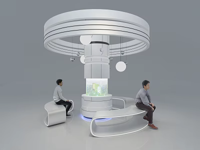 Modern Public Chair With Seated People Circular White Structure And Hanging Lights 3d model