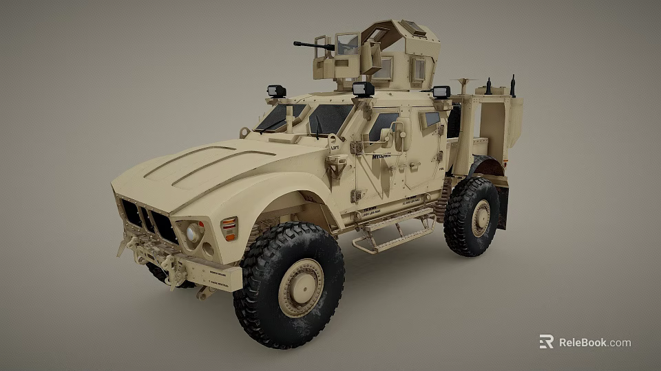 Armored Military Tactical Utility Vehicle With Off Road Tires Roof Mounted Gear And Beige Exterior 3d model 