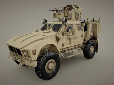 Armored Military Tactical Utility Vehicle With Off Road Tires Roof Mounted Gear And Beige Exterior 3d model