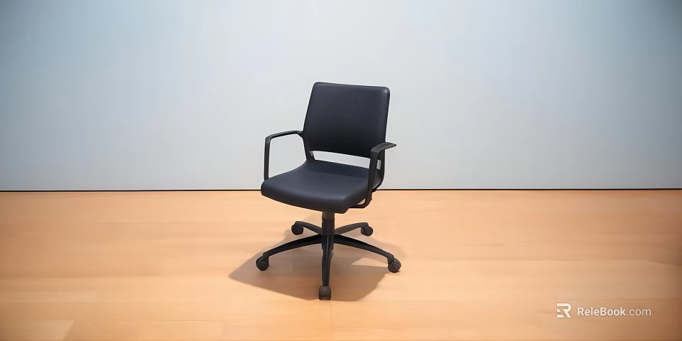 Black Office Chair with Armrests and Wheels on Wooden Floor against Light-Colored Wall 3d model 