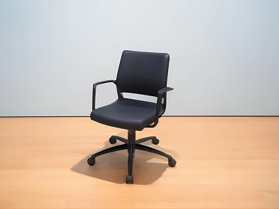 Black Office Chair with Armrests and Wheels on Wooden Floor against Light-Colored Wall 3d model
