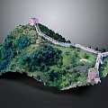 Realistic Great Wall Model On Mountain With Green Vegetation And Watchtowers