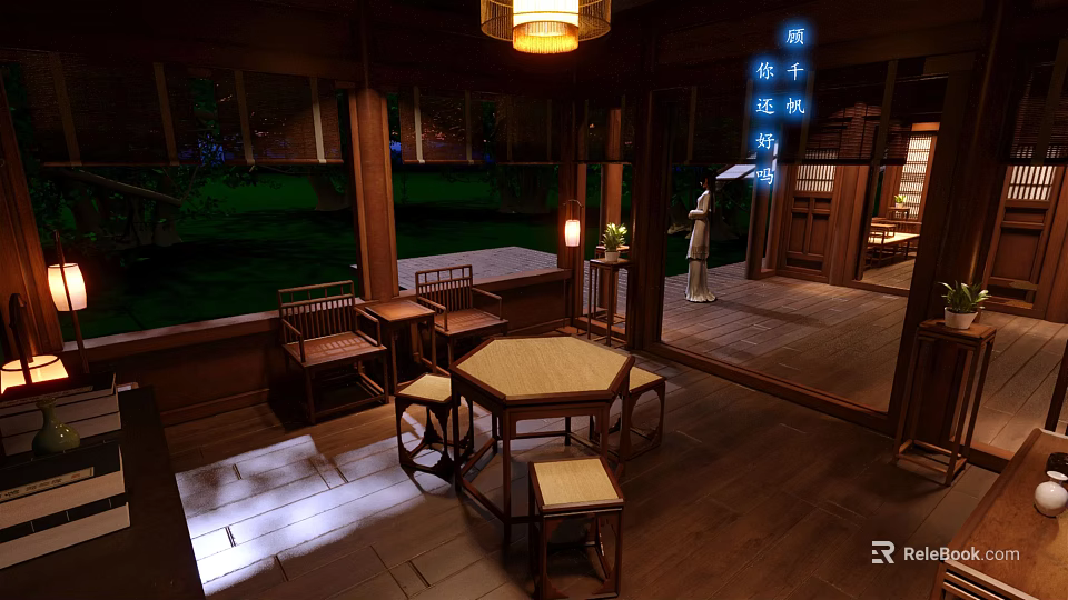 Traditional Chinese Courtyard Interior With Wooden Table Stools Lantern Green Plants And Decorative Figure 3d model 