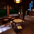 Traditional Chinese Courtyard Interior With Wooden Table Stools Lantern Green Plants And Decorative Figure