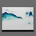 Ink Wash Style Landscape Painting With Misty Mountains Calm Water Small Boat And Birds