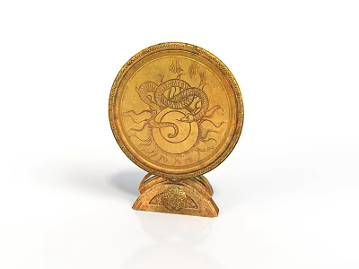 Golden Circular Sculpture Carving With Dragon And Snake Motifs On Ornate Pedestal Base 3d model