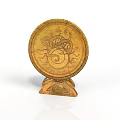 Golden Circular Sculpture Carving With Dragon And Snake Motifs On Ornate Pedestal Base