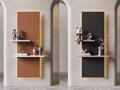 Modern Wall Cabinets with Decorative Figurines Vases and Books on Brown Black Background Walls 3d model
