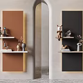 Modern Wall Cabinets with Decorative Figurines Vases and Books on Brown Black Background Walls
