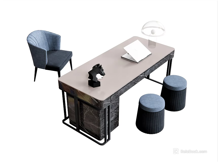 Modern Desk With Gray Upholstered Chair Black Horse Ornament Notebook White Lamp And Round Stools 3d model 
