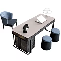 Modern Desk With Gray Upholstered Chair Black Horse Ornament Notebook White Lamp And Round Stools
