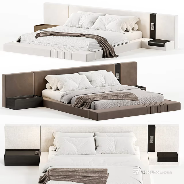Modern Double Bed With Brown Headboard White Sheets And Stylish Bedside Tables Design 3d model 