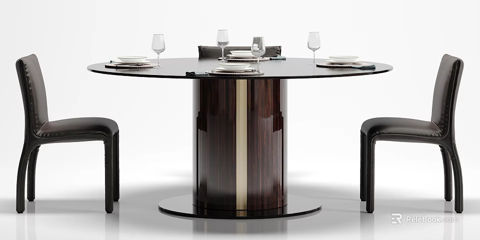 Modern Round Glass Top Dining Table Set With Dark Wooden Base And Black Leather Chairs 3d model 