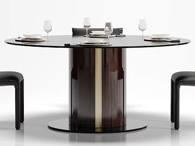 Modern Round Glass Top Dining Table Set With Dark Wooden Base And Black Leather Chairs 3d model