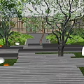 Garden Landscape Design With Lush Trees Green Lawn Wooden Walkway And Circular Stone Features