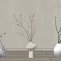 Stylish Ceramic Vases With Decorative Twigs On Wooden Floor Against Textured Wall