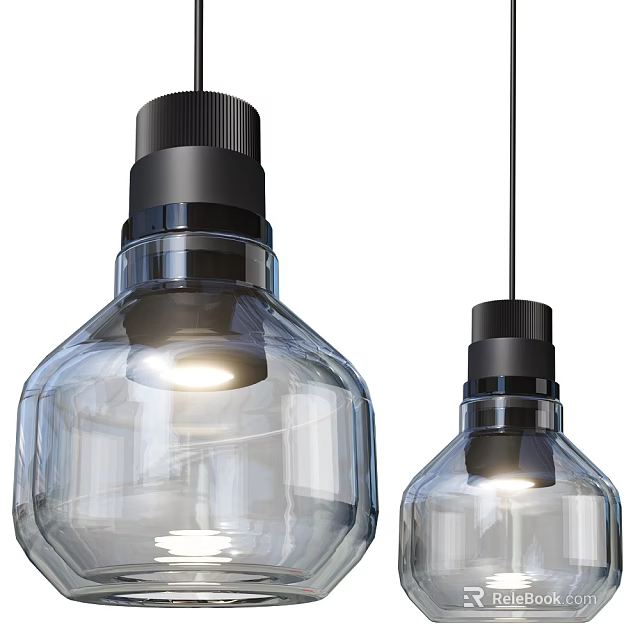 Two Transparent Glass Pendant Lights With Black Base And Illuminated Glow 3d model 