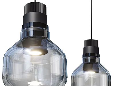 Two Transparent Glass Pendant Lights With Black Base And Illuminated Glow 3d model