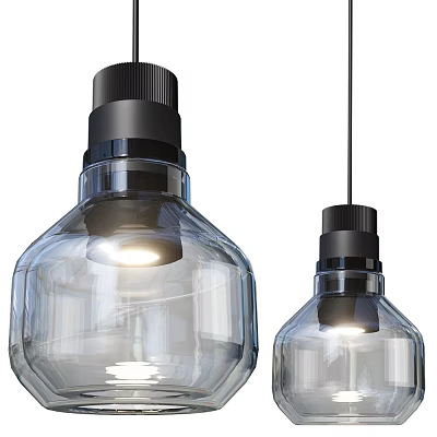 Two Transparent Glass Pendant Lights With Black Base And Illuminated Glow 3d model