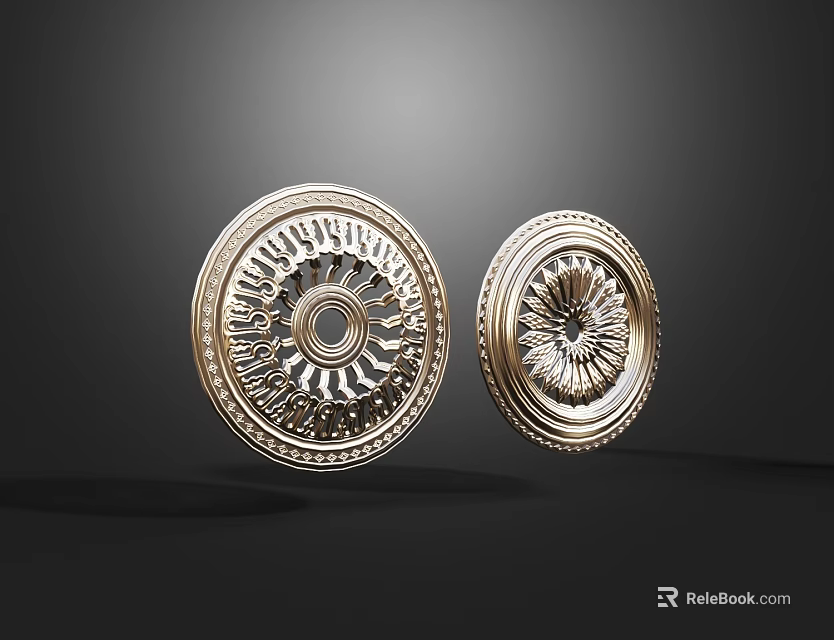 Golden Carved Circular Decorative Ornaments With Intricate Patterns And Relief Design 3d model 