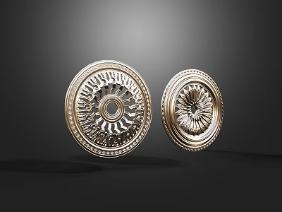 Golden Carved Circular Decorative Ornaments With Intricate Patterns And Relief Design 3d model