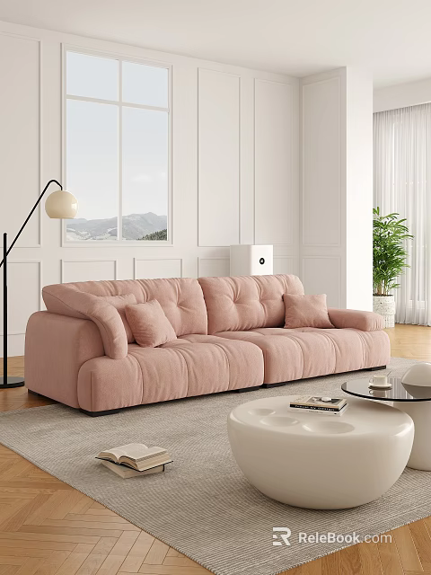 Pink Velvet Two Seater Sofa With Cushions Floor Lamp Plant And Mountain View 3d model 