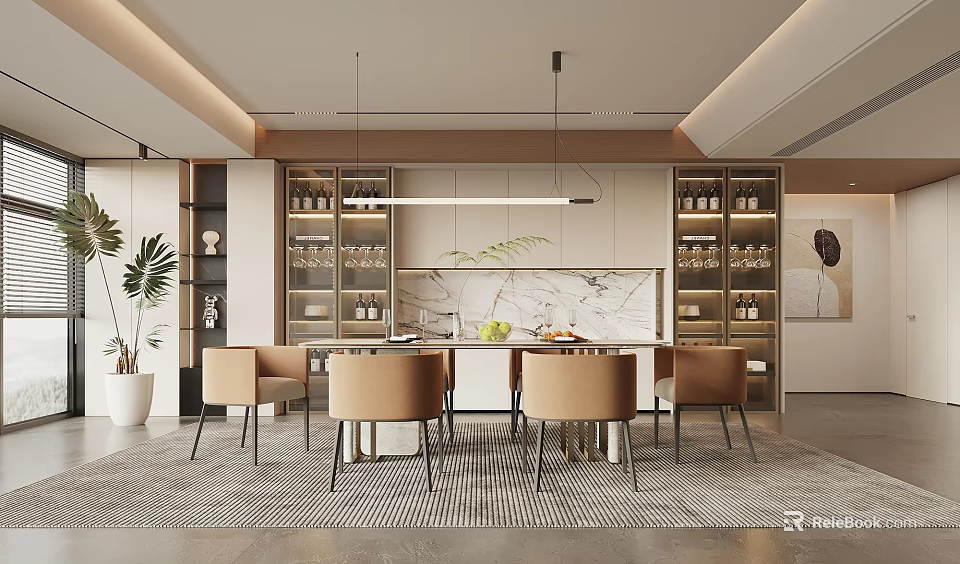 Modern Restaurant Kitchen Interior With Open Design Marble Island And Dining Chairs 3d model 