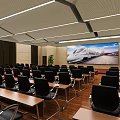 Modern Control Room Interior With Large Monitoring Screen Multiple Workstations And Office Chairs