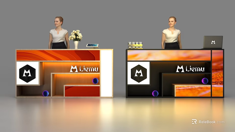 Modern Liemu Reception Desk With Orange Black Finish Hexagonal Design Flower Decoration And Digital Screen 3d model 
