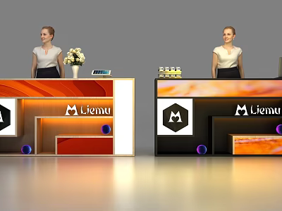 Modern Liemu Reception Desk With Orange Black Finish Hexagonal Design Flower Decoration And Digital Screen 3d model