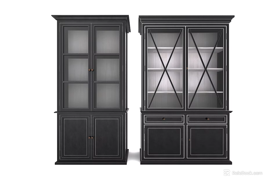 Stylish Black Bookcases Featuring Glass X Design Doors Drawers And Solid Bases 3d model 