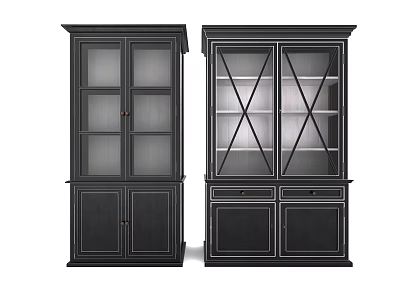 Stylish Black Bookcases Featuring Glass X Design Doors Drawers And Solid Bases 3d model