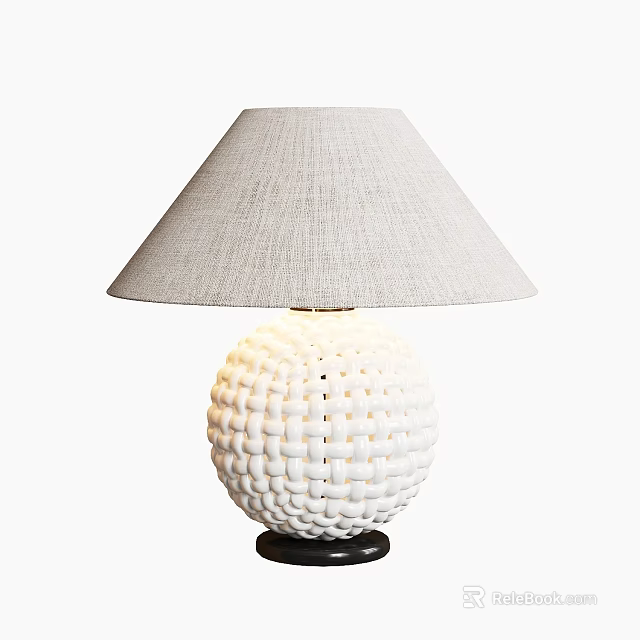 Modern Table Lamp With Gray Fabric Lampshade And White Woven Spherical Base 3d model 