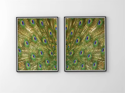 Two Peacock Feather Decorative Paintings With Vibrant Green Blue Gold For Home Wall Art 3d model