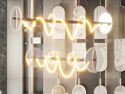 Elegant Modern Chandelier With Curved LED Light Strip And Geometric Marble Metal Accents 3d model