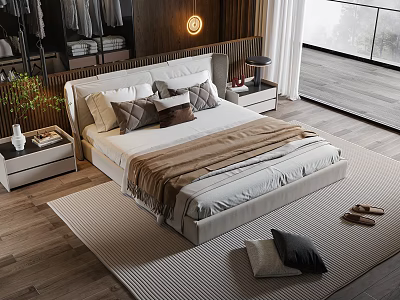 Modern Minimalist Bedroom With Comfortable Double Bed Pillows Nightstands Wooden Floor And Floor-to-Ceiling Window Rug 3d model
