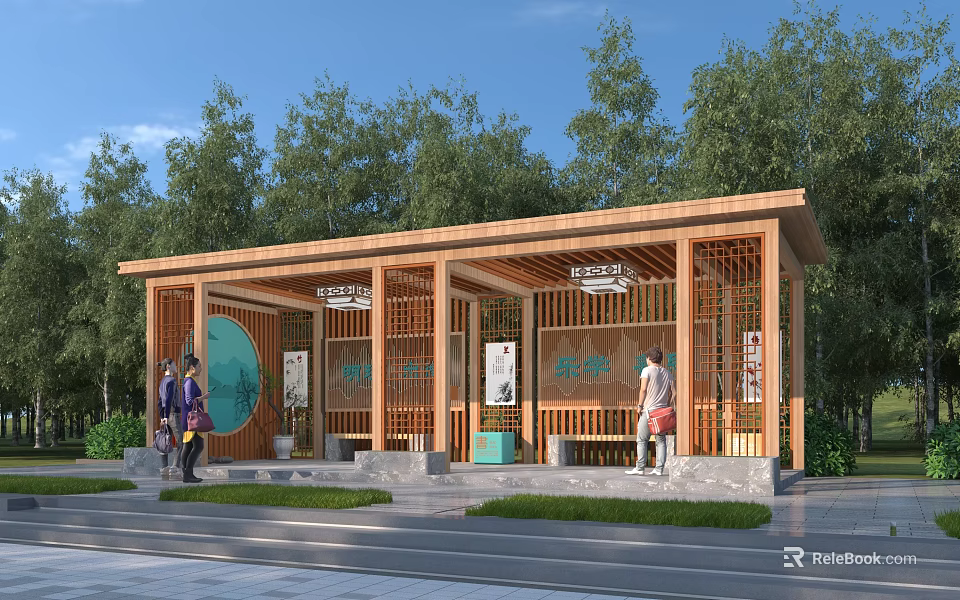 Wooden Pergola Structure Surrounded By Green Trees With People And Decorative Panels 3d model 