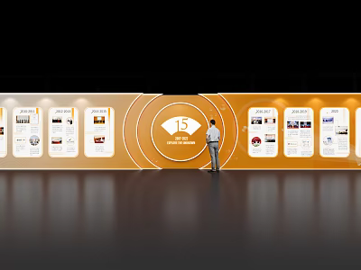 Check in At Event With Orange Curved Wall Circular 15 Years Logo And Display Screens 3d model