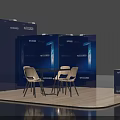 Blue Exhibition Booth With Display Panels Round Table White Chairs And Reception Desk