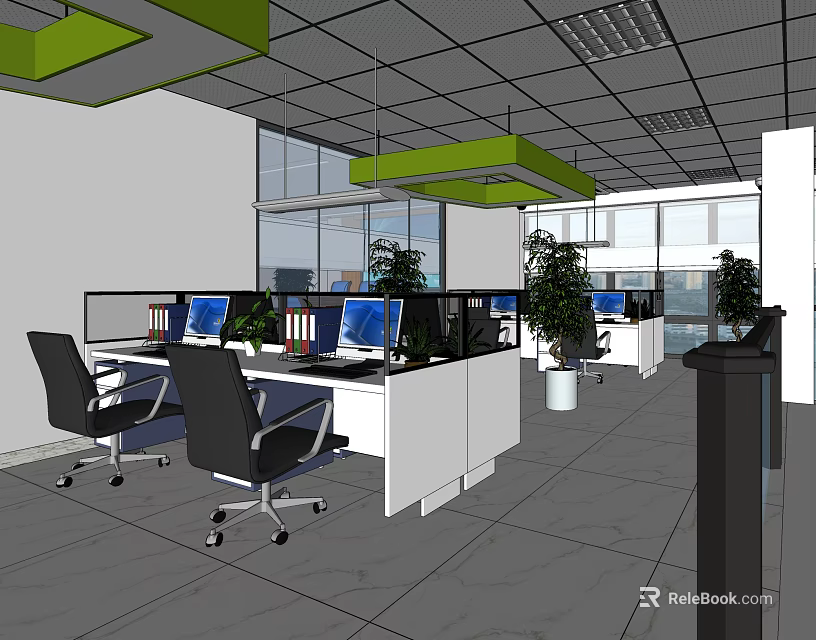 Public Office Space With Cubicles Computers Black Chairs Green Ceiling Decor Large Windows And Plants 3d model