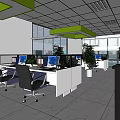 Public Office Space With Cubicles Computers Black Chairs Green Ceiling Decor Large Windows And Plants 3d model
